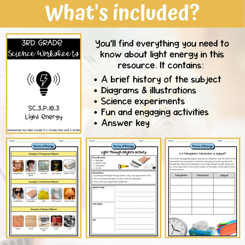 Light Energy Activity & Answer Key 3rd Grade Physical Science