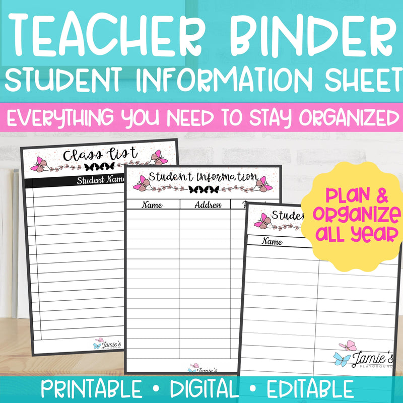 Editable Binder Documents for Teacher Binder and Planner | Student Information - Butterfly Theme