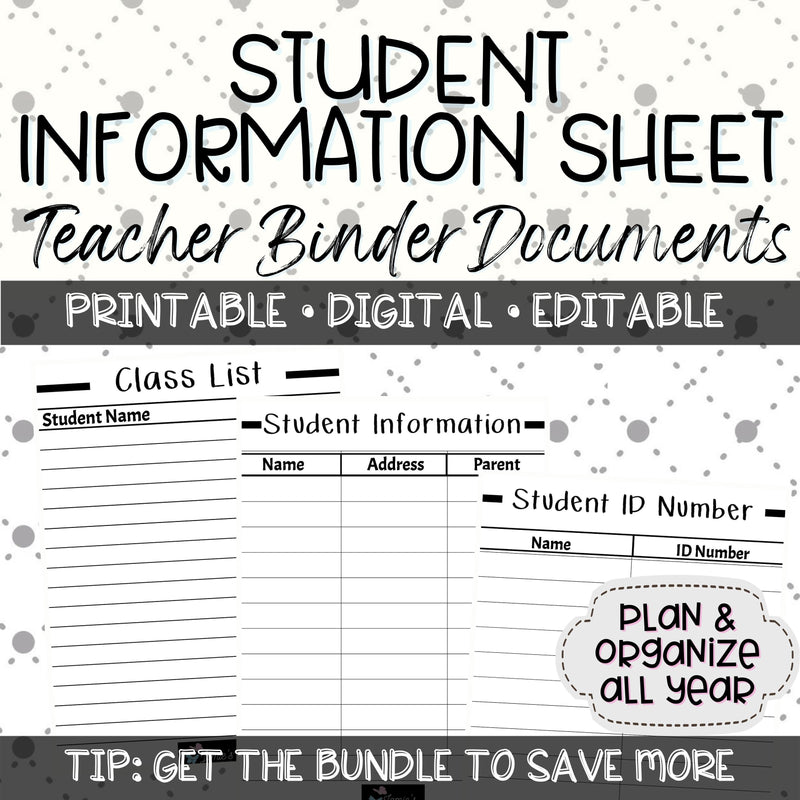 Editable Binder Documents for Teacher Binder and Planner | Student Information - Black & White theme