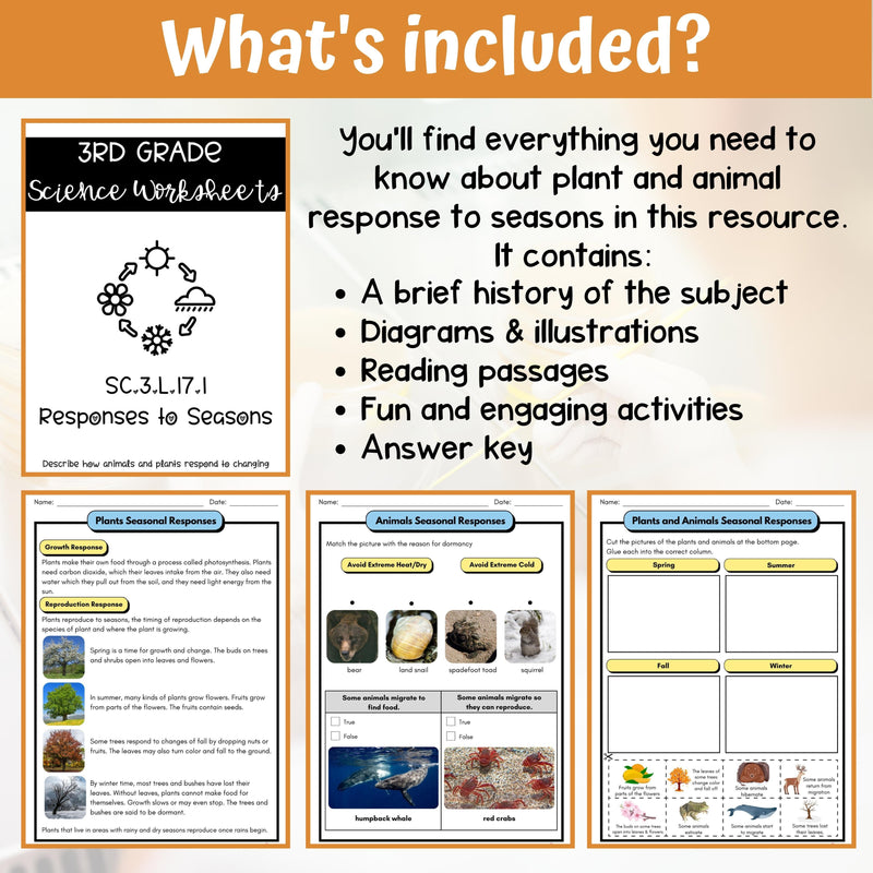 Responses to Seasons Activity & Answer Key 3rd Grade Life Science