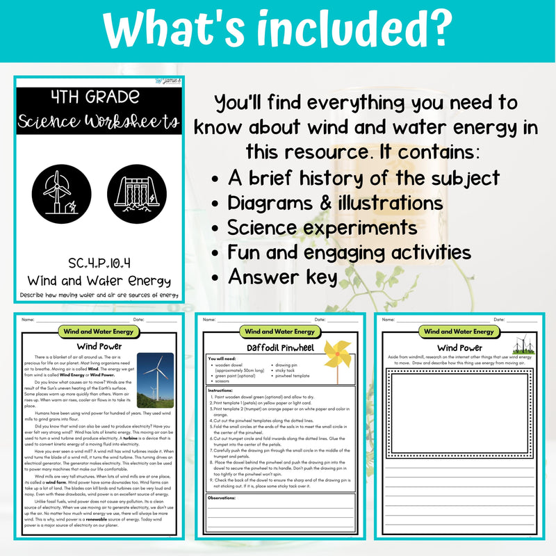 Wind and Water Energy Activity & Answer Key 4th Grade Physical Science