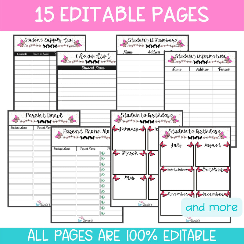 Editable Binder Documents for Teacher Binder and Planner | Student Information - Butterfly Theme