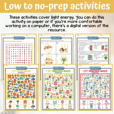 Light Energy Activity & Answer Key 3rd Grade Physical Science