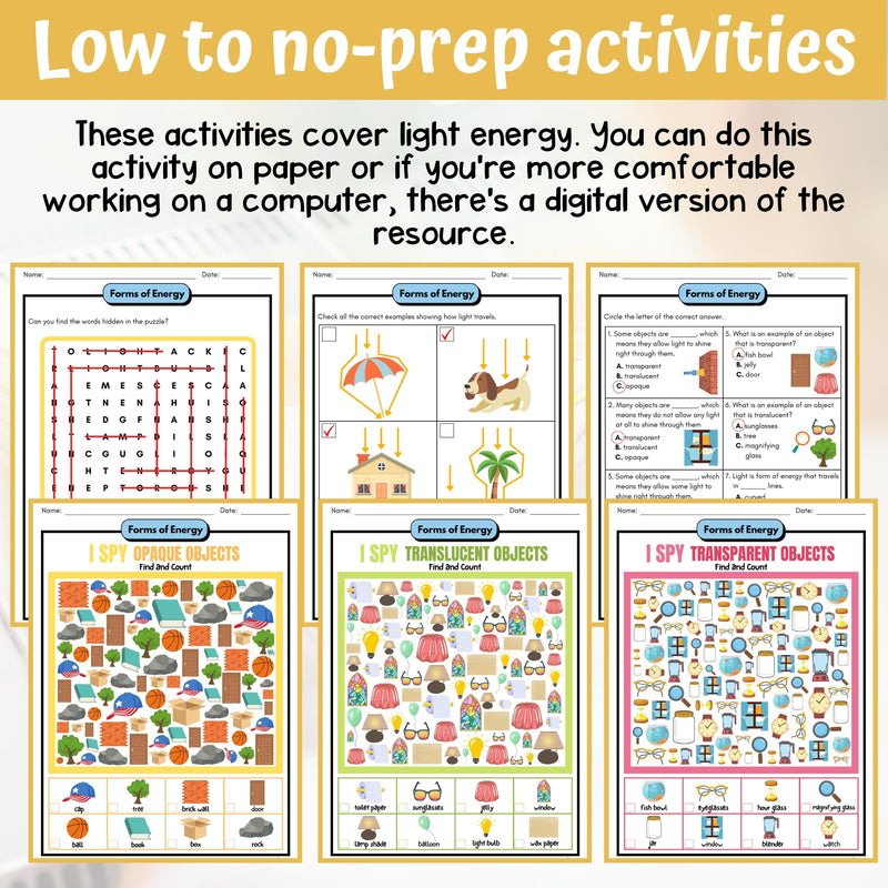 Light Energy Activity & Answer Key 3rd Grade Physical Science