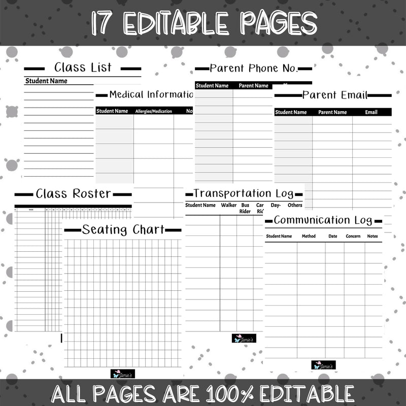 Editable Binder Documents for Teacher Binder and Planner | Student Information - Black & White theme