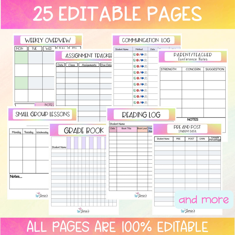 Editable Binder Documents for Teacher Binder Planner | Response to Intervention - Rainbow theme