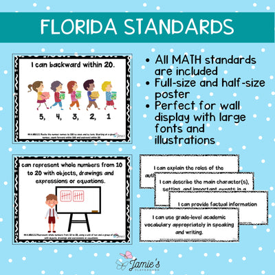 Florida BEST Standards: Kindergarten MATH I Can Statements - Full & Half Pages