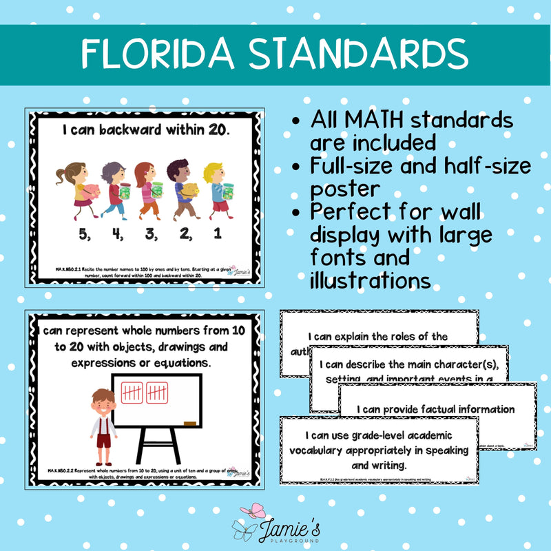 Florida BEST Standards: Kindergarten MATH I Can Statements - Full & Half Pages