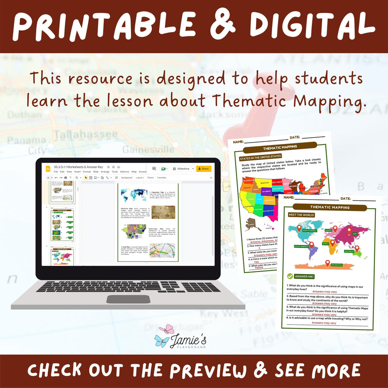 Thematic Map Activity & Answer Key 3rd Grade Social Studies