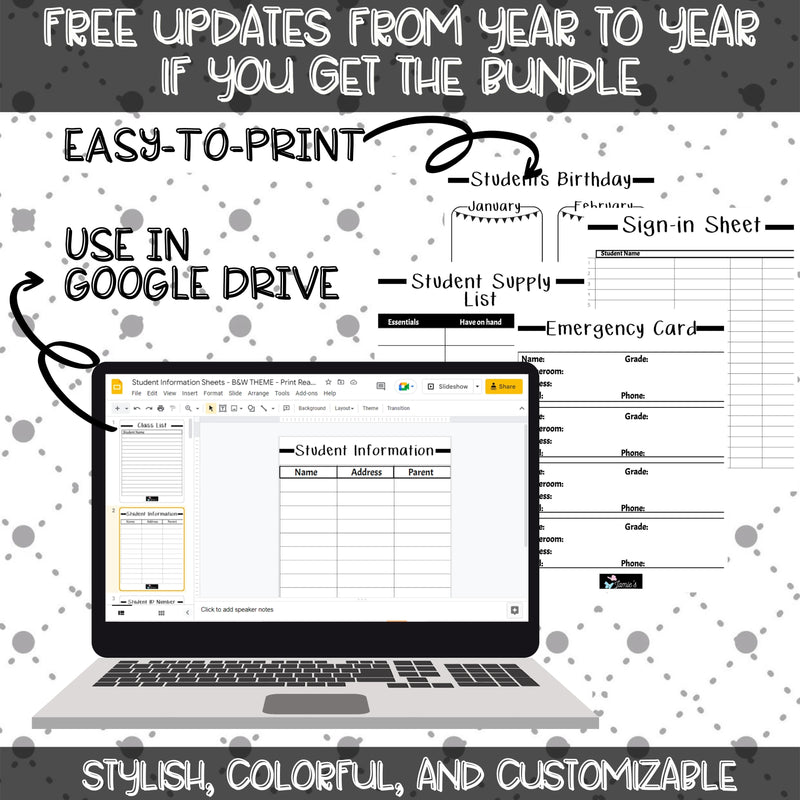 Editable Binder Documents for Teacher Binder and Planner | Student Information - Black & White theme