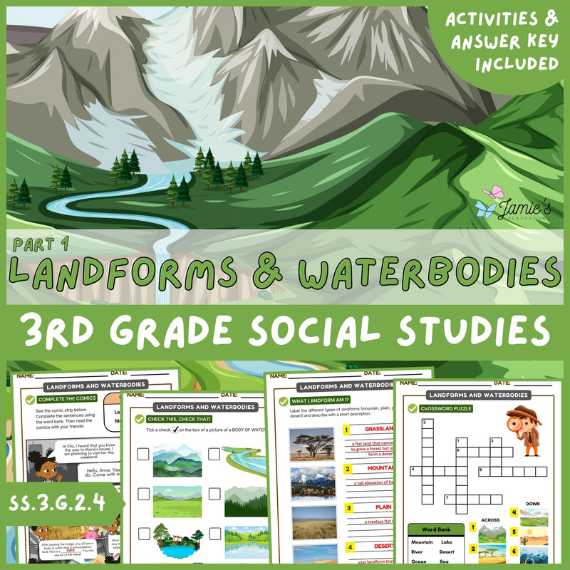 Landforms and Bodies of Water Activity & Answer Key 3rd Grade Social Studies