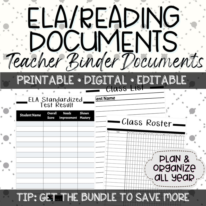 Editable Binder Documents for Teacher Binder and Planner | ELA Documents - Black & White theme