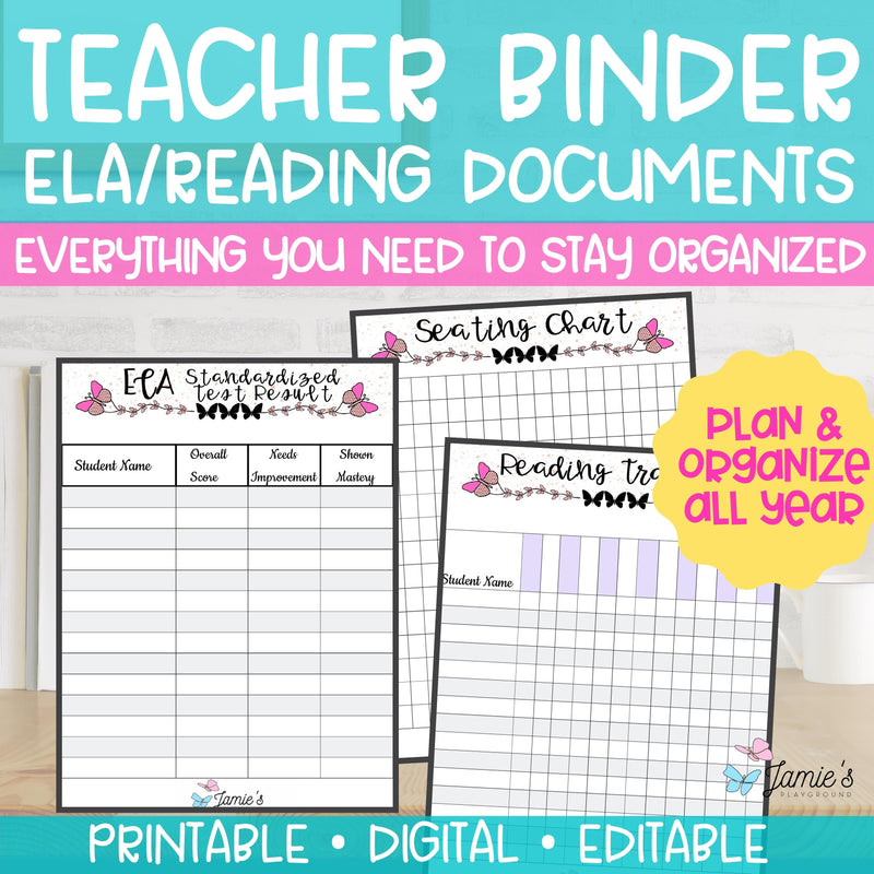 Editable Binder Documents for Teacher Binder and Planner | ELA Documents - Butterfly theme