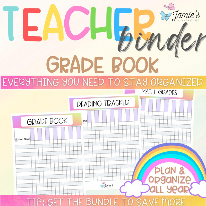 Editable Binder Documents for Teacher Binder and Planner | Grade Book - Rainbow theme