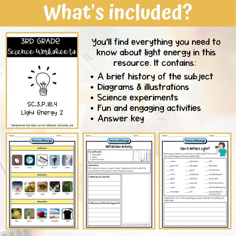 Light Energy Activity & Answer Key 3rd Grade Physical Science