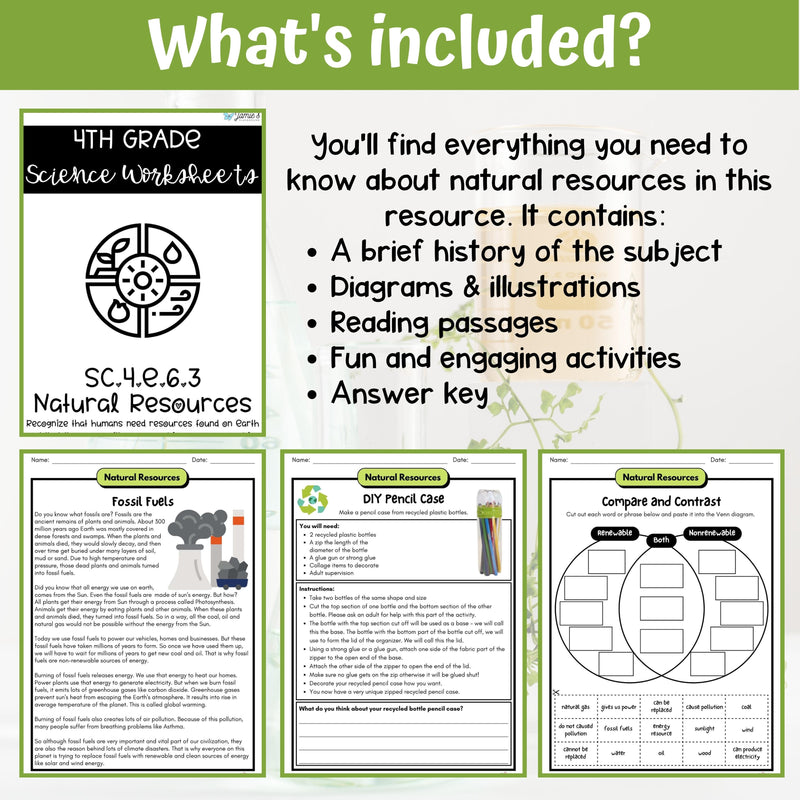 Natural Resources Activity & Answer Key 4th Grade Earth & Space Science