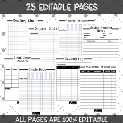 Editable Binder Documents for Teacher Binder and Planner | ELA Documents - Black & White theme