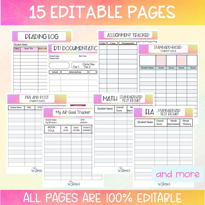 Editable Binder Documents for Teacher Binder and Planner | Grade Book - Rainbow theme