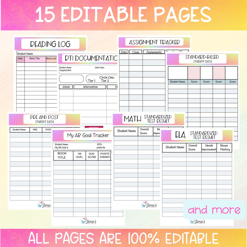 Editable Binder Documents for Teacher Binder and Planner | Grade Book - Rainbow theme