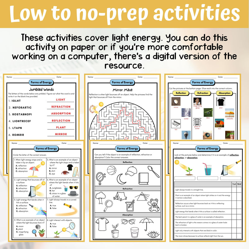 Light Energy Activity & Answer Key 3rd Grade Physical Science