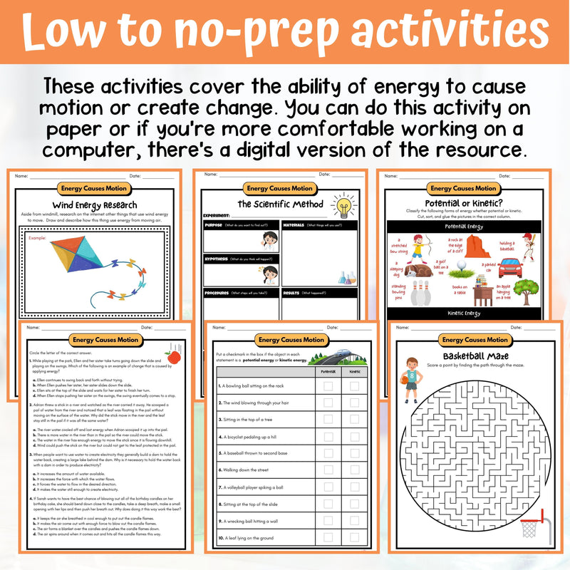 Potential and Kinetic Energy Activity & Answer Key 5th Grade Physical Science