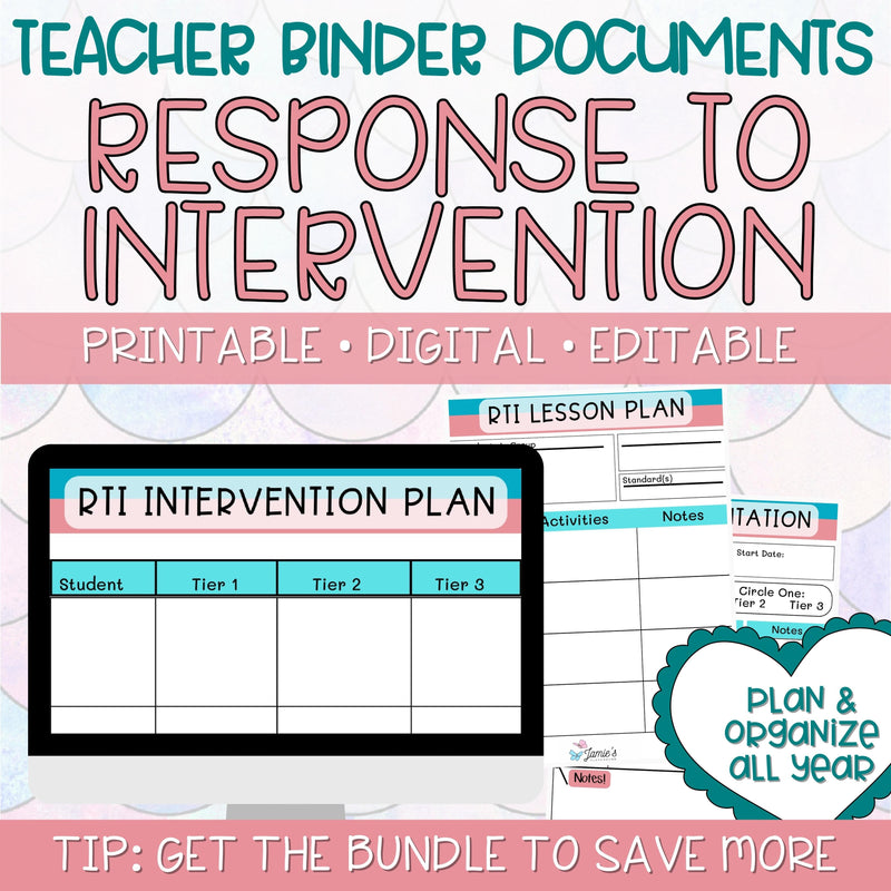 Teacher Binders/Planner - Binder Documents: Response to Intervention Documents - Pink & Teal