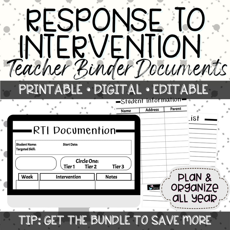 Editable Binder Documents for Teacher Binder Planner | Response to Intervention - Black & White theme