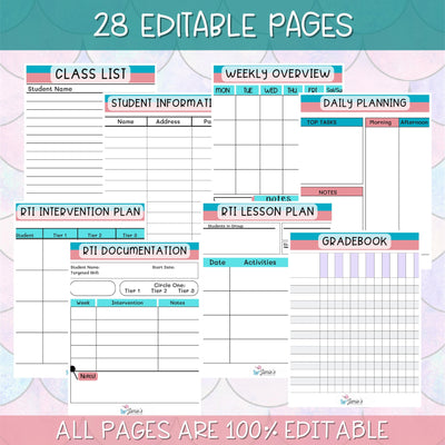 Teacher Binders/Planner - Binder Documents: Response to Intervention Documents - Pink & Teal