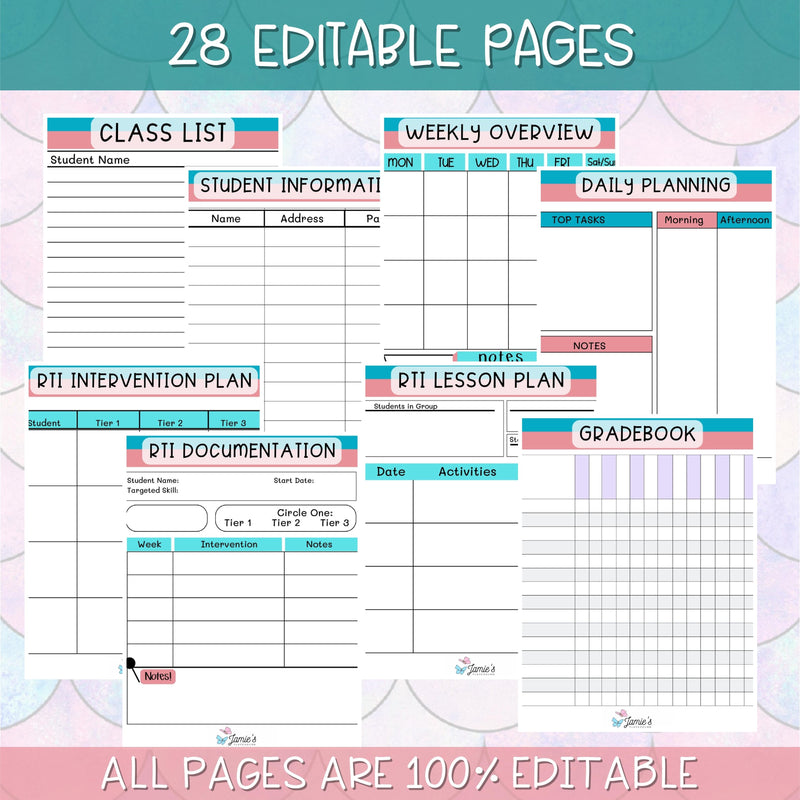 Teacher Binders/Planner - Binder Documents: Response to Intervention Documents - Pink & Teal