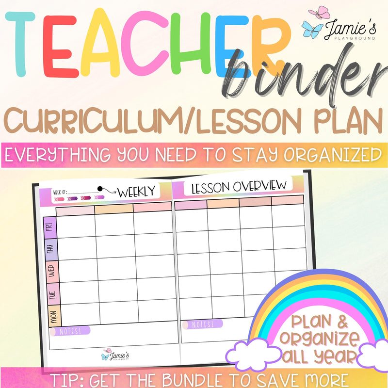 Editable Binder Documents for Teacher Binder and Planner | Lesson Plan Overview - Rainbow theme