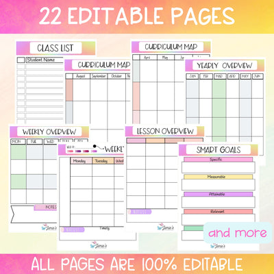 Editable Binder Documents for Teacher Binder and Planner | Lesson Plan Overview - Rainbow theme