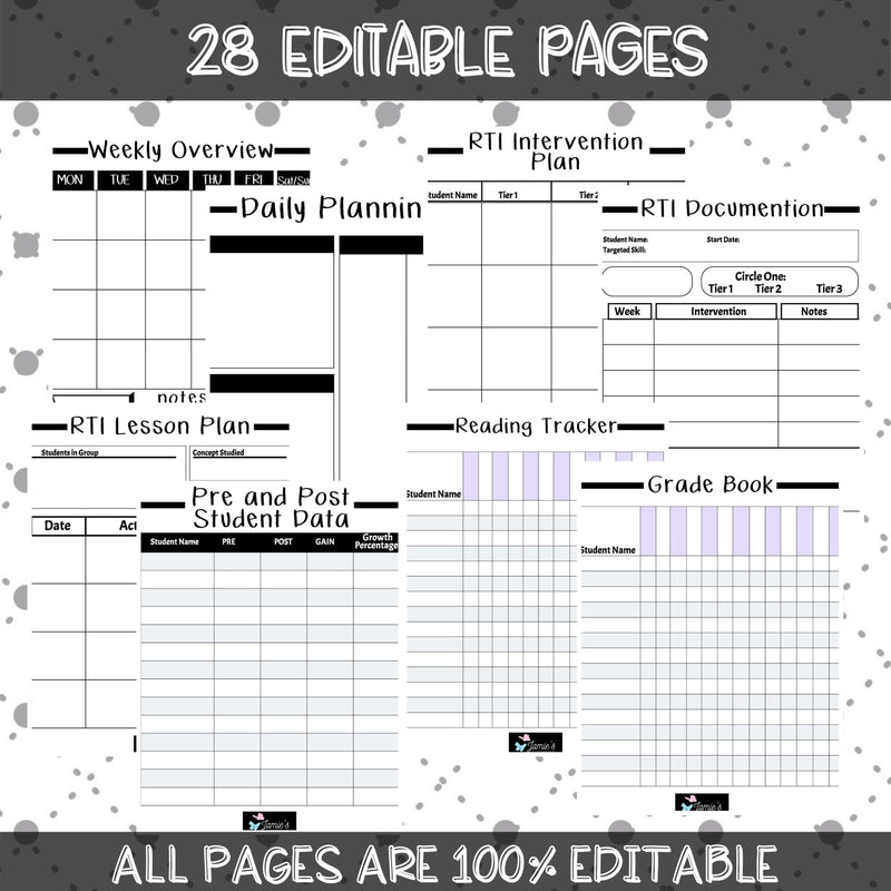 Editable Binder Documents for Teacher Binder Planner | Response to Intervention - Black & White theme