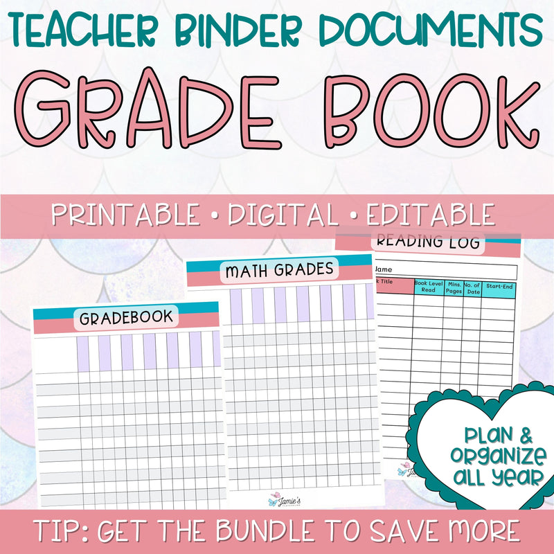 Teacher Binders/Planner - Binder Documents: Grade Book - Pink & Teal