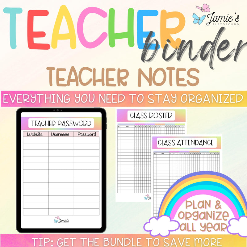 Editable Binder Documents for Teacher Binder and Planner | Teacher Notes - Rainbow theme