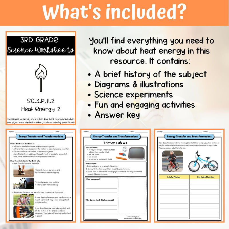 Heat Energy Activity & Answer Key 3rd Grade Physical Science