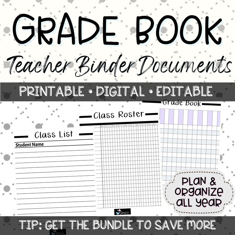 Editable Binder Documents for Teacher Binder and Planner | Grade Book - Black & White theme