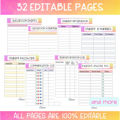 Editable Binder Documents for Teacher Binder and Planner | Teacher Notes - Rainbow theme