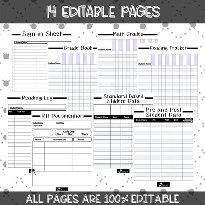 Editable Binder Documents for Teacher Binder and Planner | Grade Book - Black & White theme