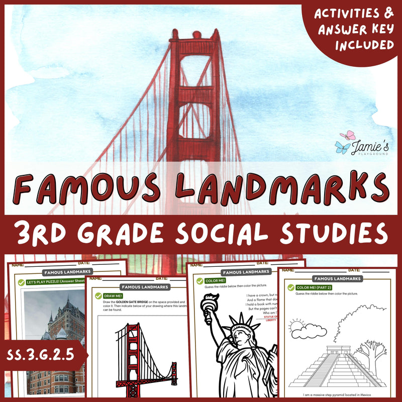 Famous Landmarks Activity & Answer Key 3rd Grade Social Studies