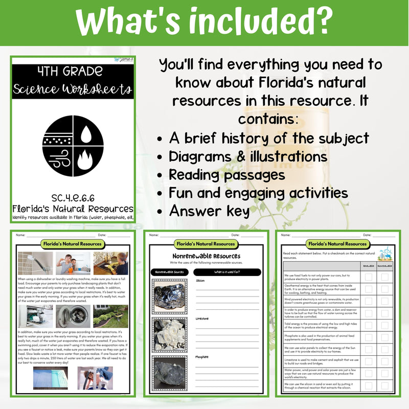 Florida Natural Resources Activity & Answer Key 4th Grade Earth & Space Science