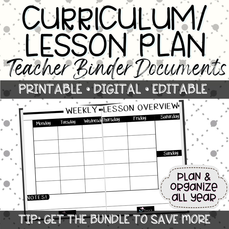 Editable Binder Documents for Teacher Binder and Planner | Lesson Plan Overview - Black & White theme