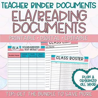 Teacher Binders/Planner - Binder Documents: ELA/Reading Teacher Documents - Pink & Teal