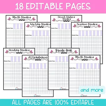 Editable Binder Documents for Teacher Binder and Planner | Grade Book - Butterfly theme