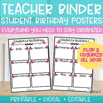 Editable Binder Documents for Teacher Binder and Planner | Birthday Posters - Butterfly theme