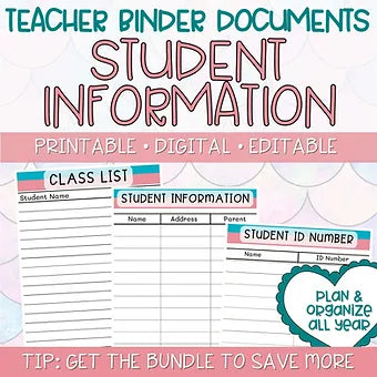 Teacher Binders/Planner - Binder Documents: Student Information Sheets - Pink & Teal