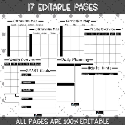 Editable Binder Documents for Teacher Binder and Planner | Lesson Plan Overview - Black & White theme