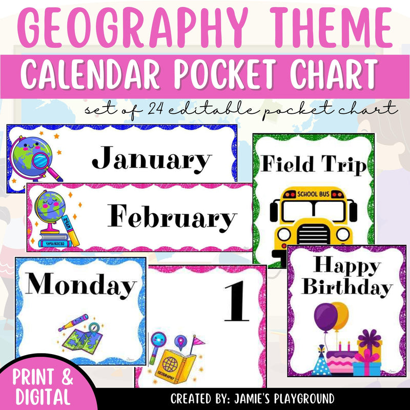 Calendar Pocket Chart 2 - EDITABLE Geography Pocket Chart Calendar Set