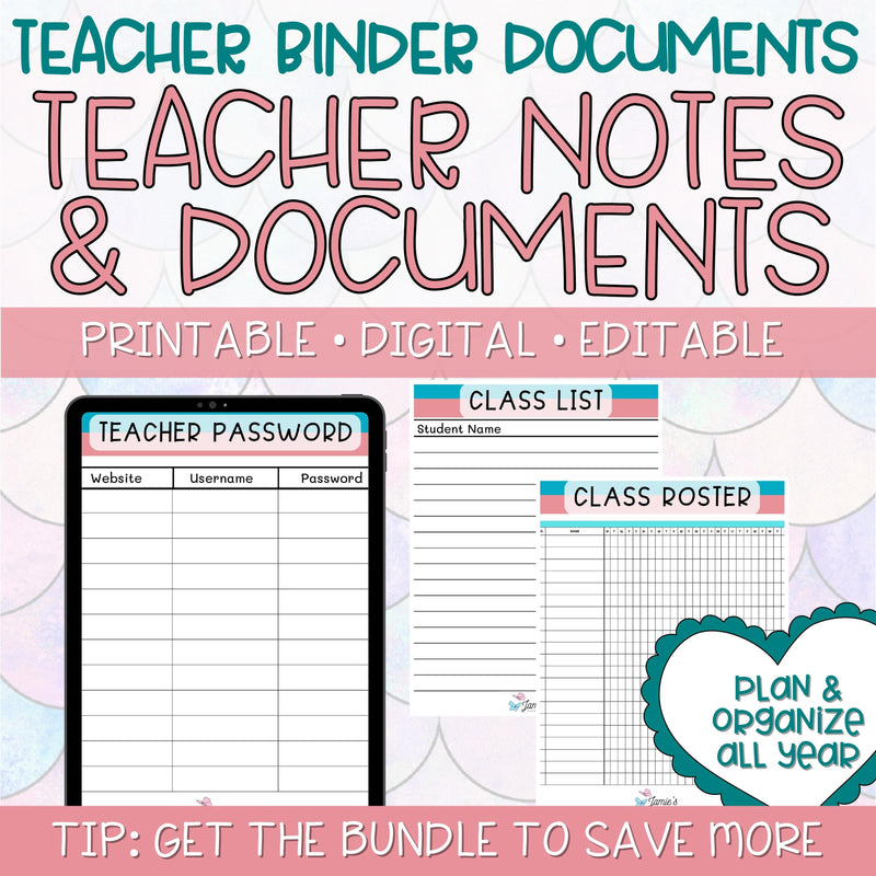 Teacher Binders/Planner - Binder Documents: Teacher Notes & Important Info. - Pink & Teal