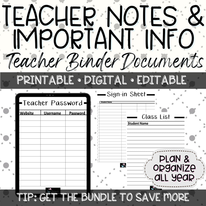 Editable Binder Documents for Teacher Binder and Planner | Teacher Notes - Black & White theme