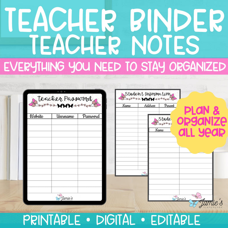 Editable Binder Documents for Teacher Binder and Planner | Teacher Notes - Butterfly theme